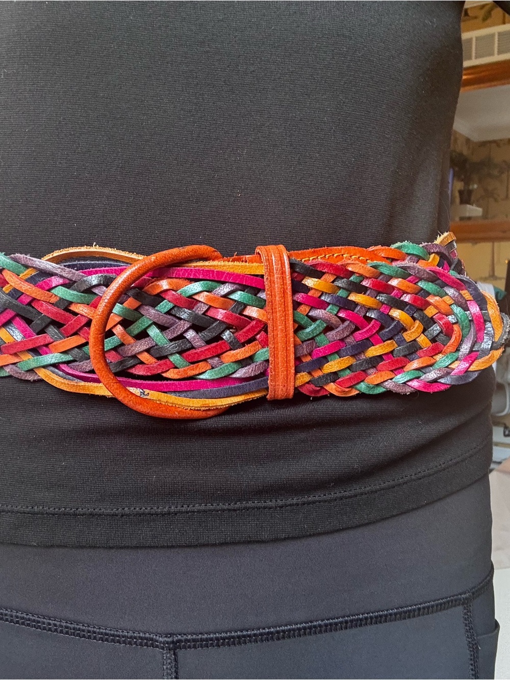 Braided Multicolor Leather Belt with Round Buckle - Women's Accessory